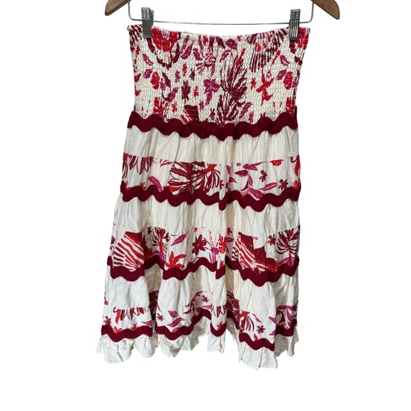 Caroline Constas Dresses & Skirts - Caroline Constas Skirt Womens S Red Floral Smocked Tiered Ric-Rac Linen Resort